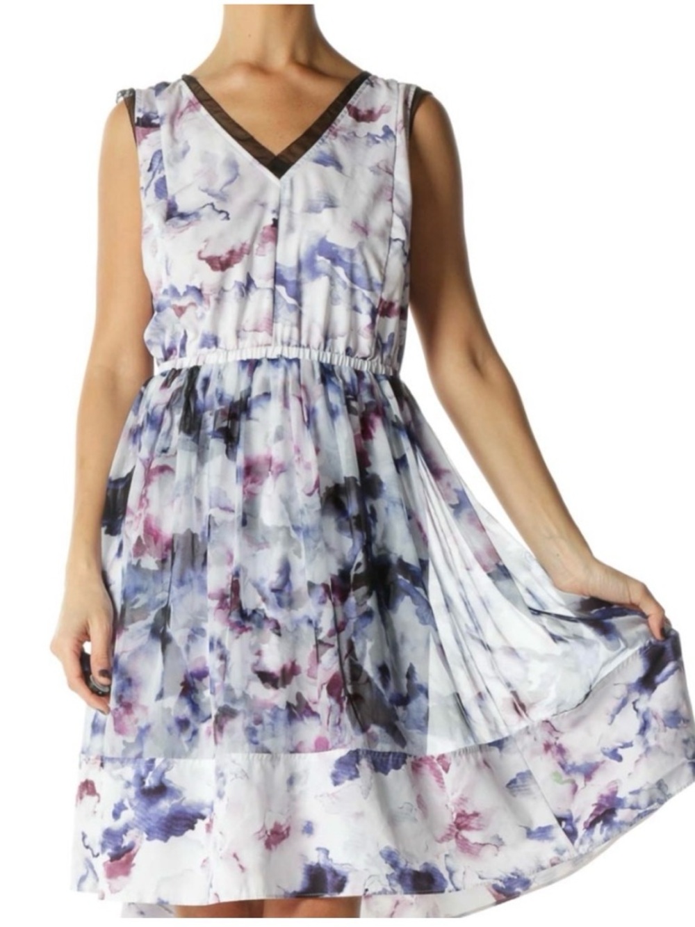 Sleeveless V-Neck Watercolor Print Dress By Vera Wang & Handcrafted Earrings